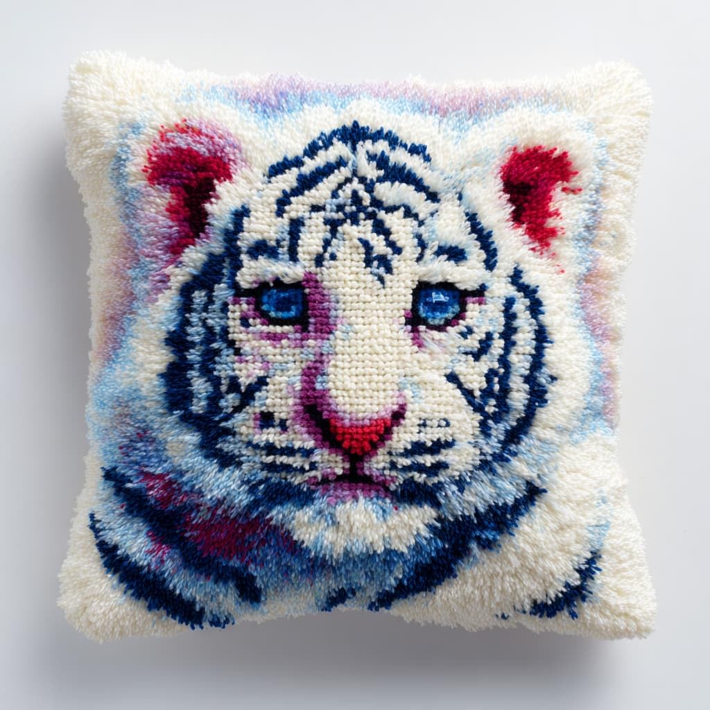 Taxpy DIY Latch Hook Cushion Kits, White Tiger Needlework Embroidery Set Crochet Needlework Crafts with Latch Hook Tool 43x43cm