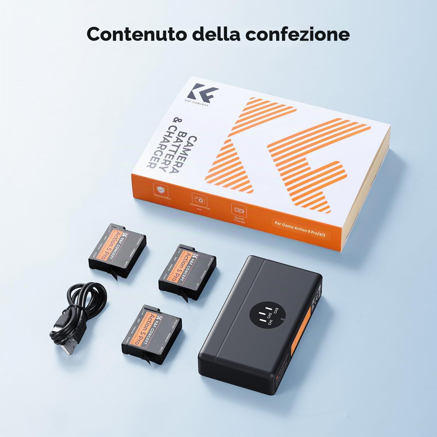 K&F CONCEPT OSMO 360 Batterie de 3 Confezione, Caricabatterie OSMO Action 5 Pro Compatibile con DJI OSMO Action 6, Action 5 Pro, Action 4, Action 3, OSMO 360 fotocamere