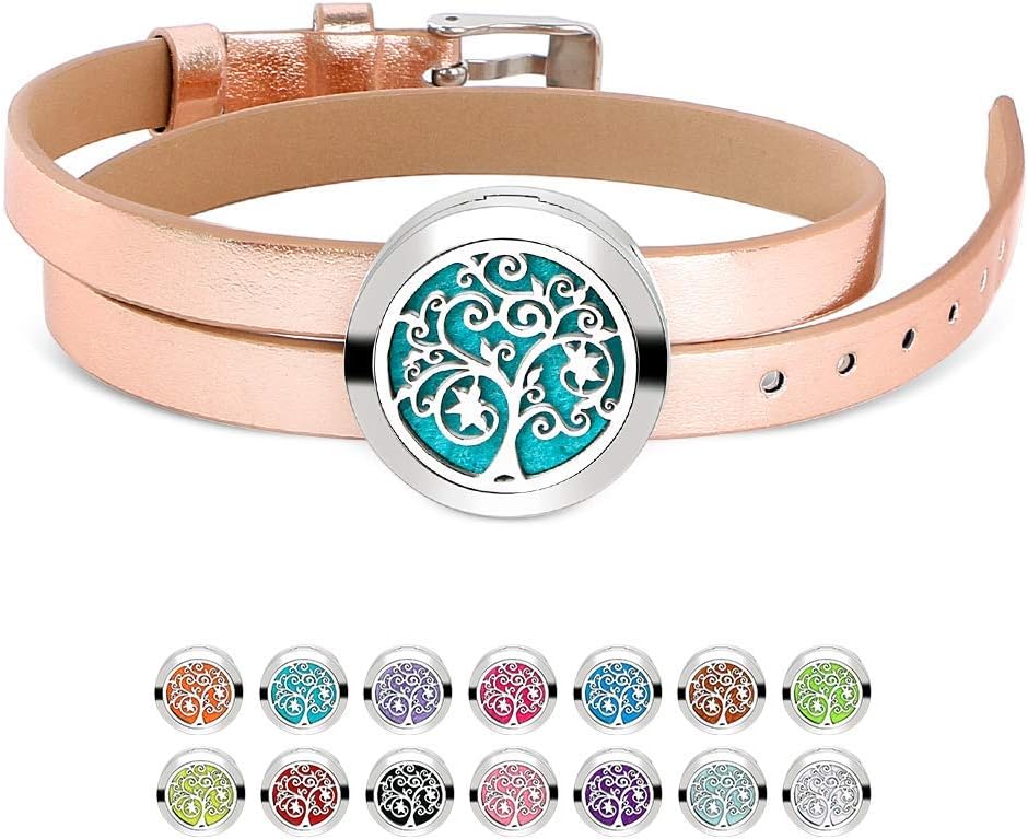 Diffuser Bracelet Stainless Steel Essential Oil Diffuser Bangle Locket with PU Leather Wristband Aromatherapy Jewelry Gift Set for Women with 14 Color Refill Pads
