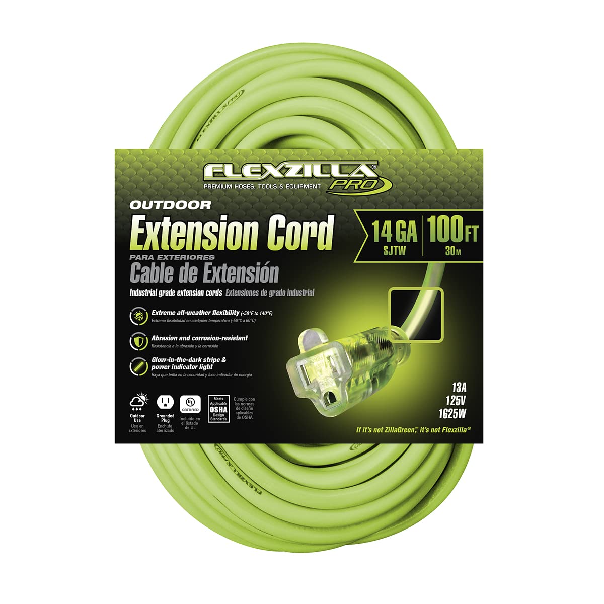 Flexzilla Pro Extension Cord, 14/3 AWG SJTW, 100 ft., Lighted Plug