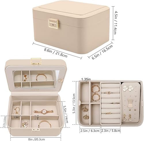 Miniatura 6 de Joyero mejorado, organizador de joyas de piel sintética de 2 capas para mujer con cerradura y espejo, gancho oculto para collar y divisor extraíble,