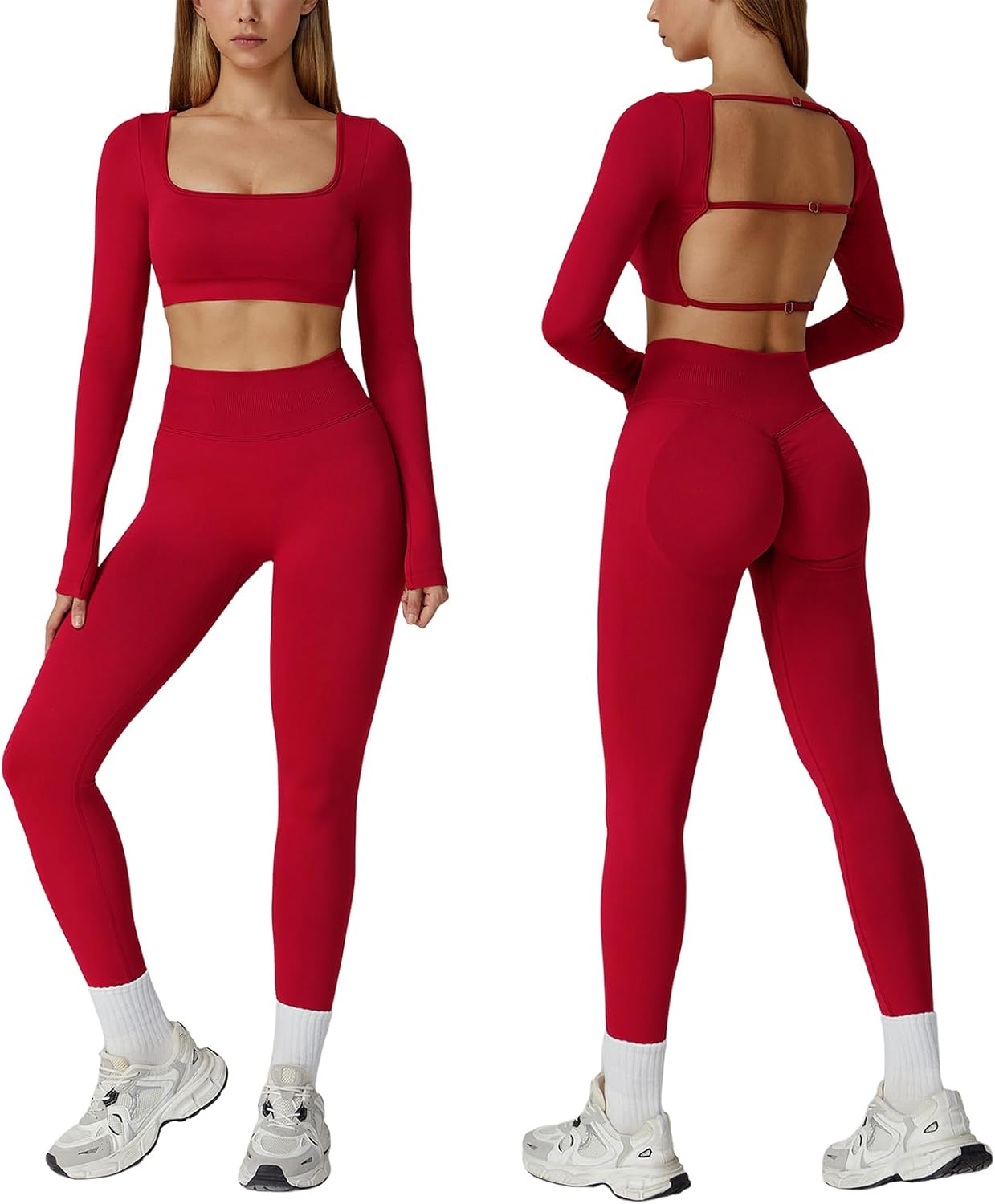 Women's Gym Sets Long Sleeve Open Back Crop Top High Waist Leggings Workout Tracksuit Sets Yoga 2 Piece Outfits