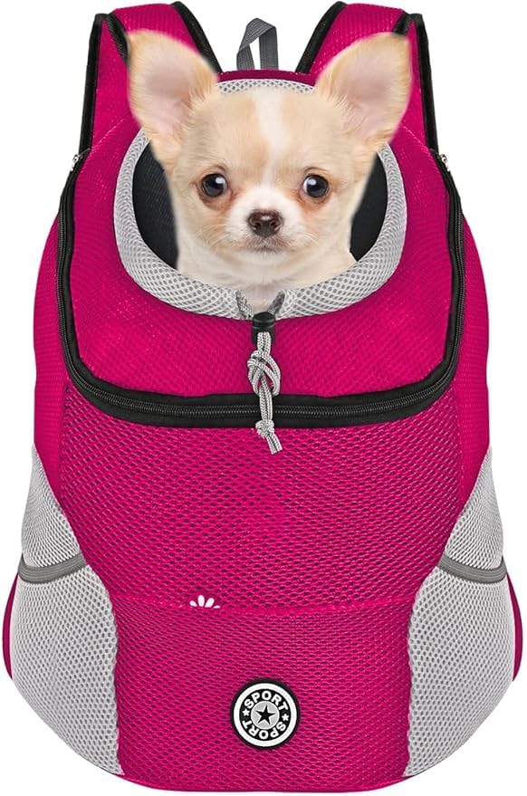 Dog Puppy Backpack, Pet Carrier Backpack Carrier Pet Travel Carrier Dog Front Carrier with Breathable Head Out Design and Padded Shoulder for Hiking (Large, Red)