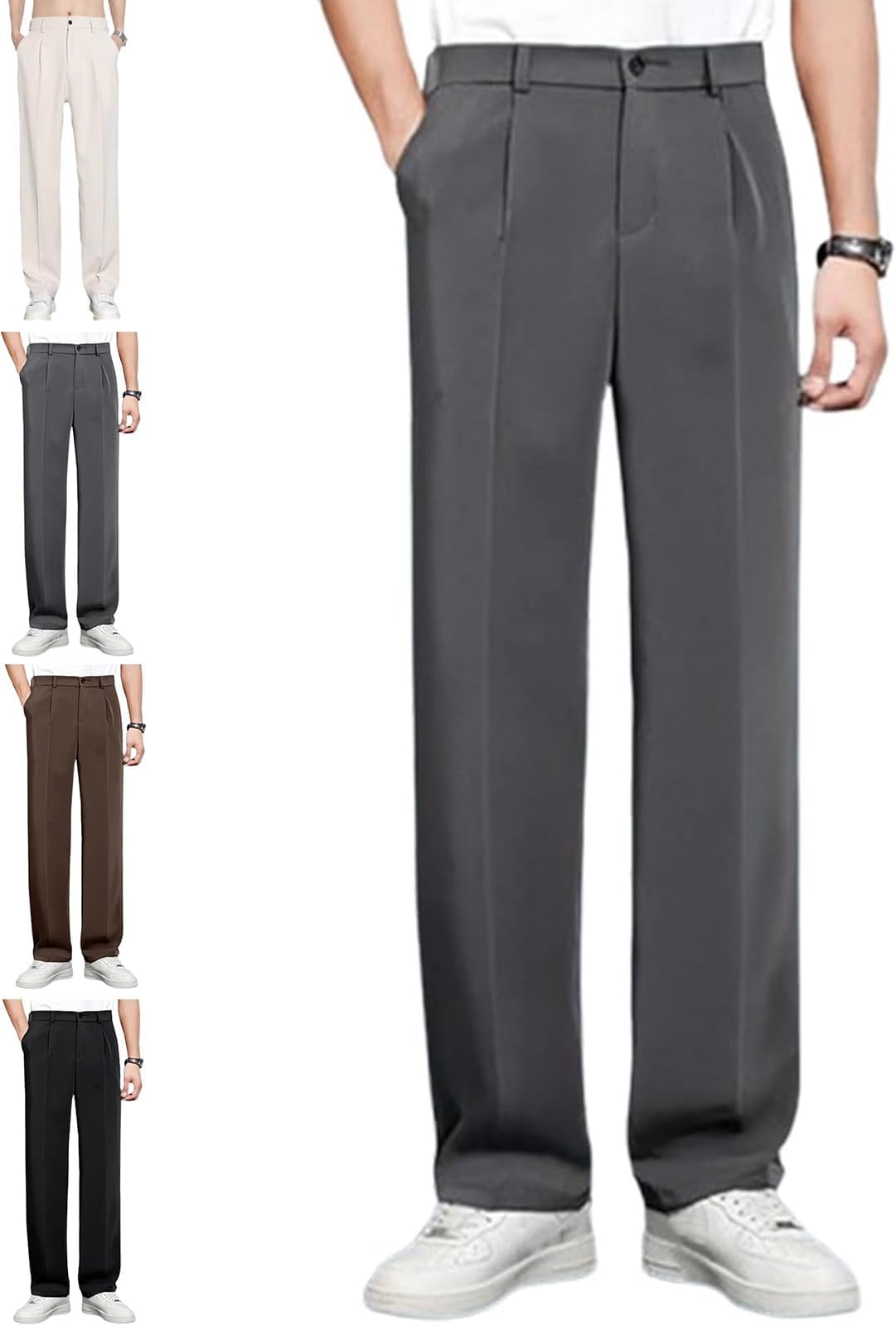 Mens Pants, Super Stretch Ice Silk Comfort Everyday Pants, Relaxed Fit Straight Leg Dress Trousers