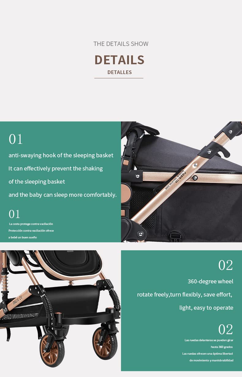 Cochecito 3 en 1 para bebé con capazo reversible, cochecito de viaje compacto y portátil, marco de aluminio plegable con un solo clic(BLACKGOLD)