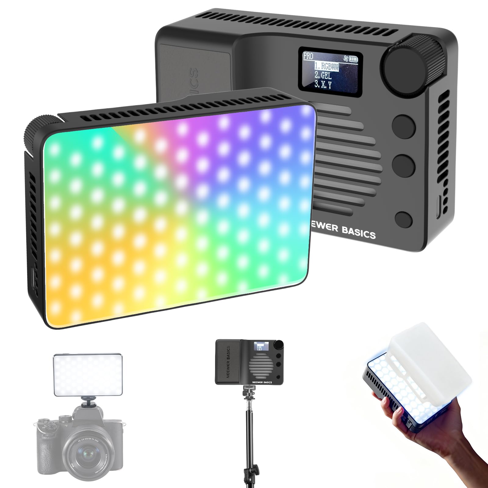 NEEWER BASICS BS40C Full RGB magnetyczna kamera wideo światło, tryb Boost 45 W, małe oświetlenie panelu LED 4800 lx/0,5 m CRI95+ 2500-10000 K 14 scen 5000 mAh do statywu DSLR Streaming Photography