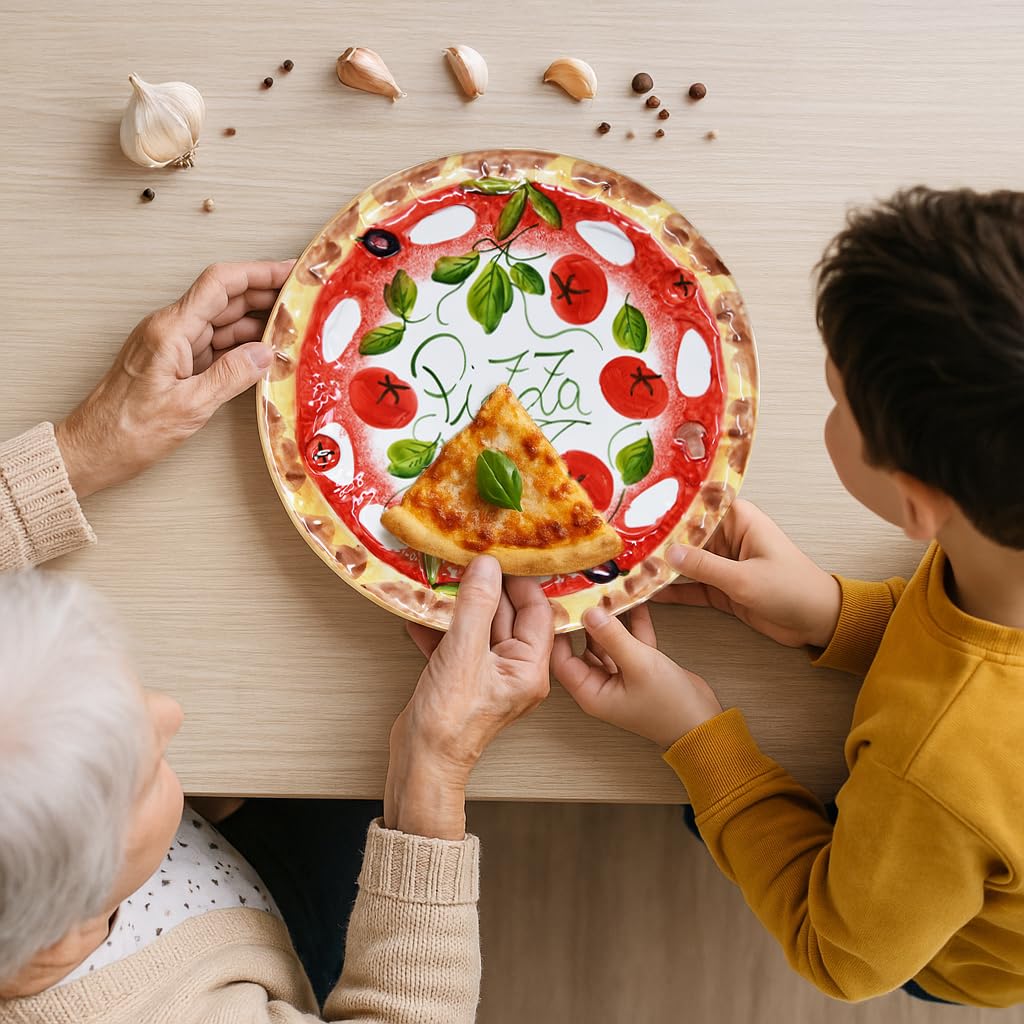 Lashuma Handgemachter Pizzateller Tomate Mozzarella aus Italienischer Keramik, Großer Teller Rund 33 cm