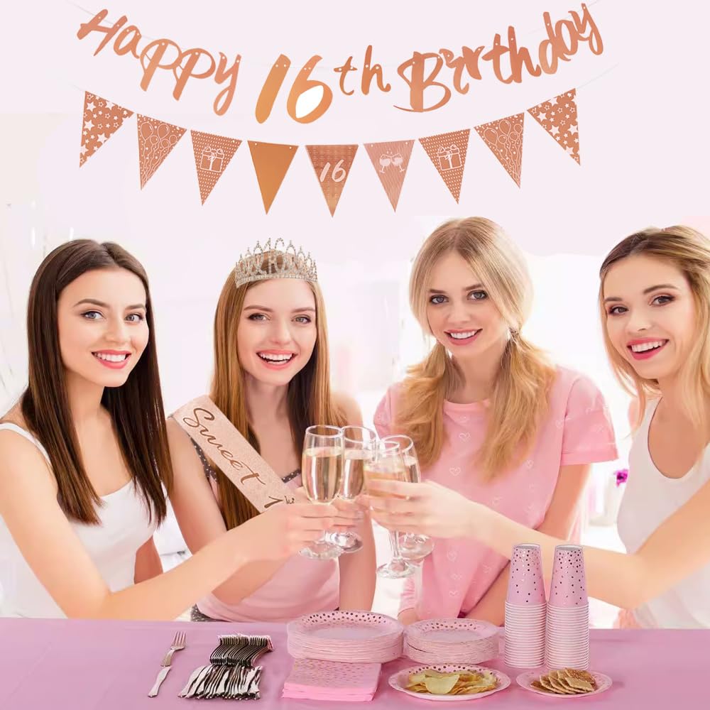 Sweet 16 Birthday Decorations Set - Cake Topper, Tiara, Sash, Banner & Balloons For Girls