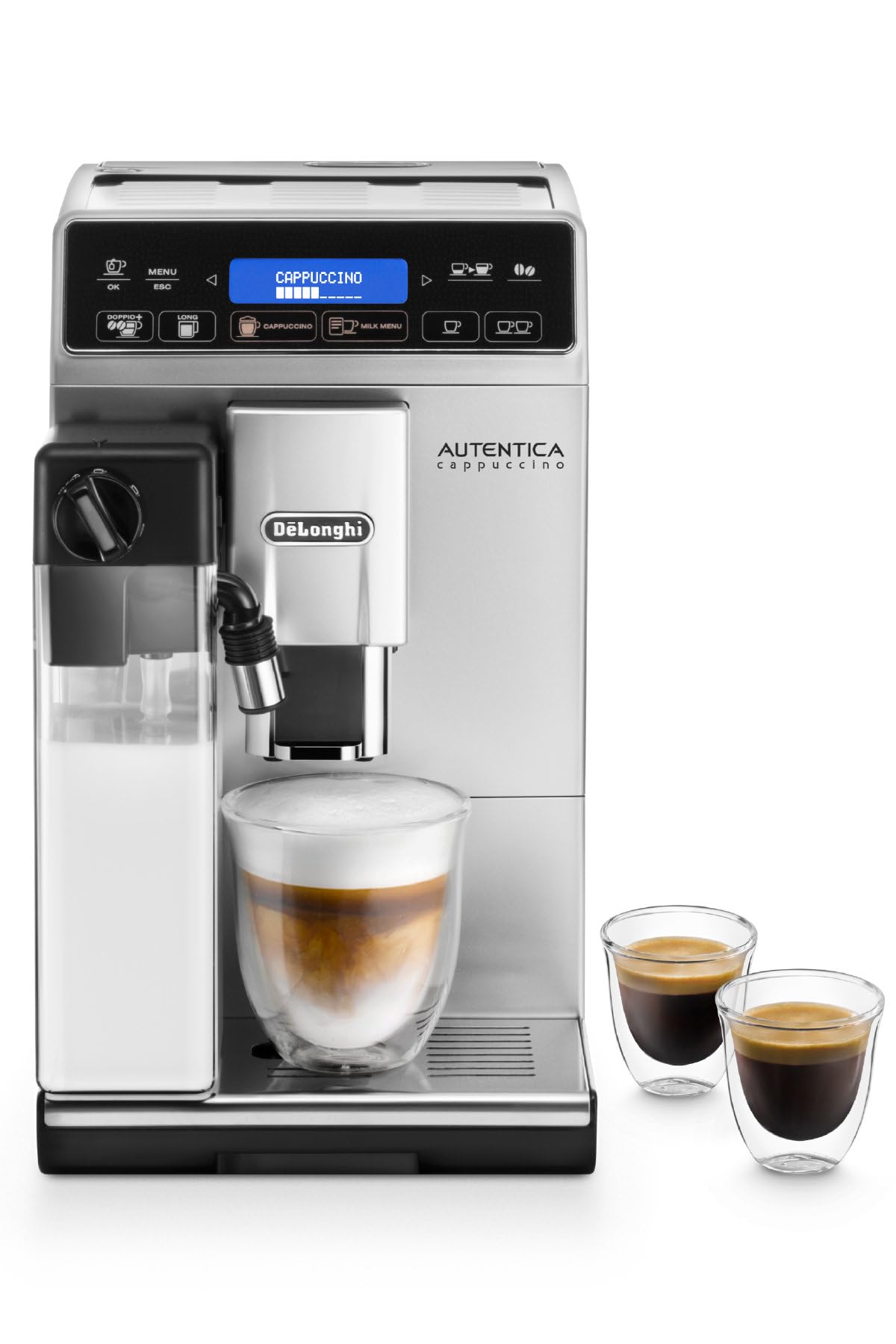 De'Longhi Autentica Cappuccino, Fully Automatic Bean to Cup Coffee Machine,  Espresso litres, Silver and Black