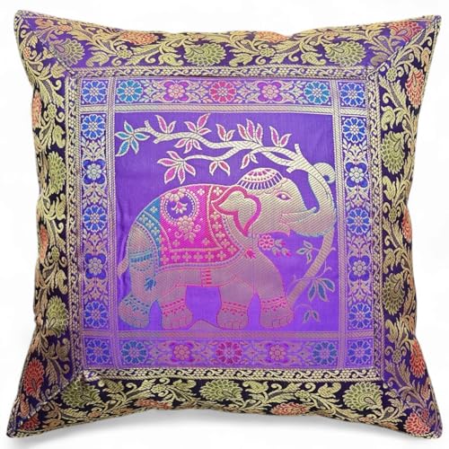 Original Kikan Kissenbezug aus indischem Elefanten-Mandala, Seide, Sari-Brokat, Boho-Stil, Heimdekoration, 40,6 x 40,6 cm, Reißverschluss, Banarsi, ethnisch, handgefertigt, Patchwork (lila)