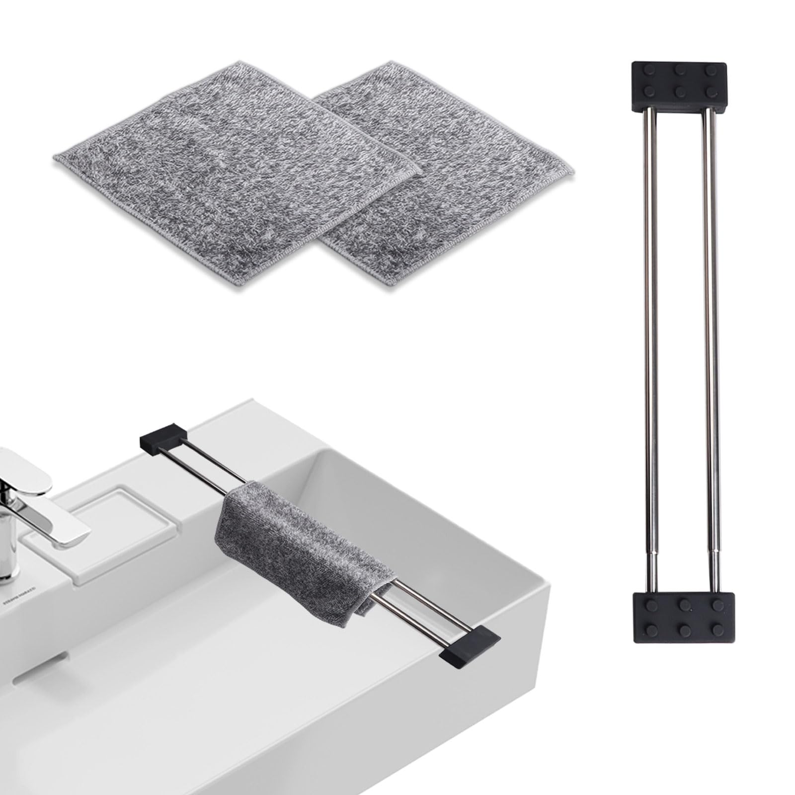 LongzhuoOver Sink Dish Drying Rack, Retractable Dish Rag Holder, Heat-Resistant Stainless Steel Dish Cloth Holder Adjustable Kitchen Rack Drip Tray for Storing Dishcloths, Brushes, and Bottles