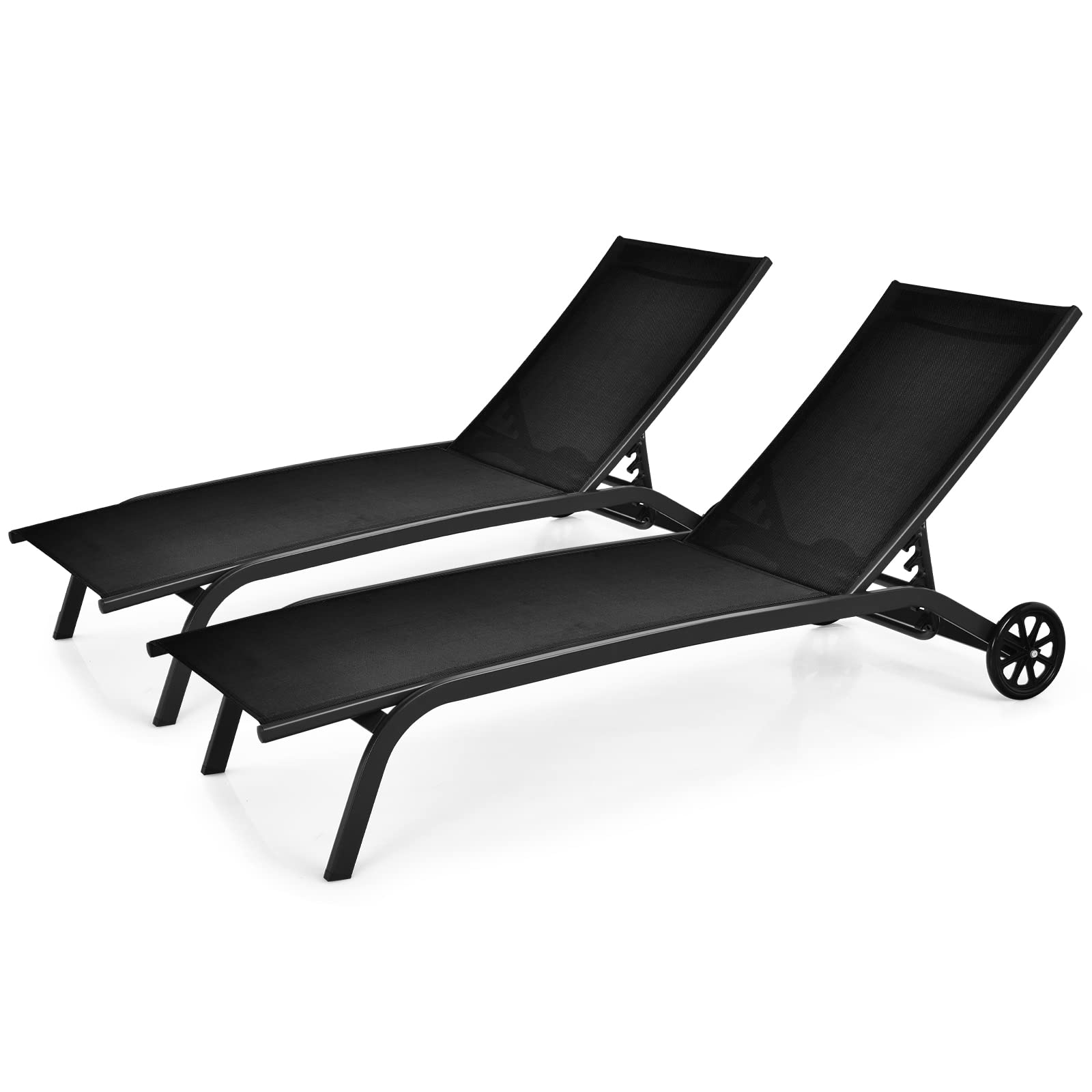 GOPLUS Tumbona Respaldo Ajustable en 6 Posiciones, Duradera Tumbona de Textileno con Ruedas,hasta 150 KG, para Piscina,Oficina,Terraza (Negro, 2 Tumbonas)