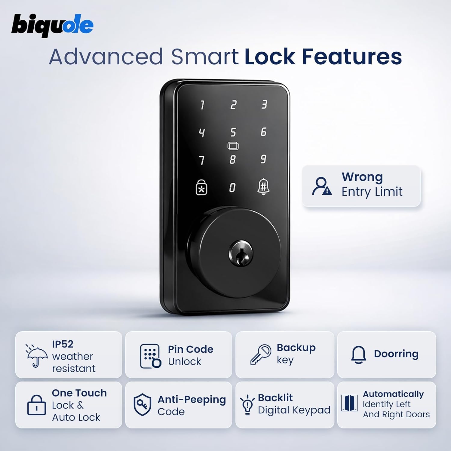 Keyless Entry Door Lock with Keypad, Biquole Smart Deadbolt Lock for Front Door with 2 Keys, Electronic Keypad Deadbolt, Auto-Locking | One-time Codes | Easy Installation | IP53 Waterproof