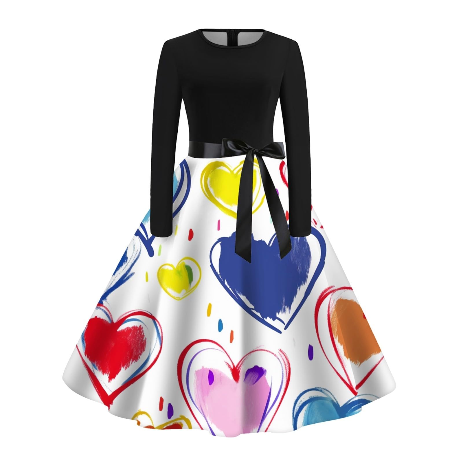 Robe Femme Saint Valentin Imprimé Amour Coeur Robes Amoureux Décontractée au Genou Midi Robe de Cocktail Soirée Bal Année 50s Pin Up Rockabilly Swing Jupe Manches Longue avec Ceinture