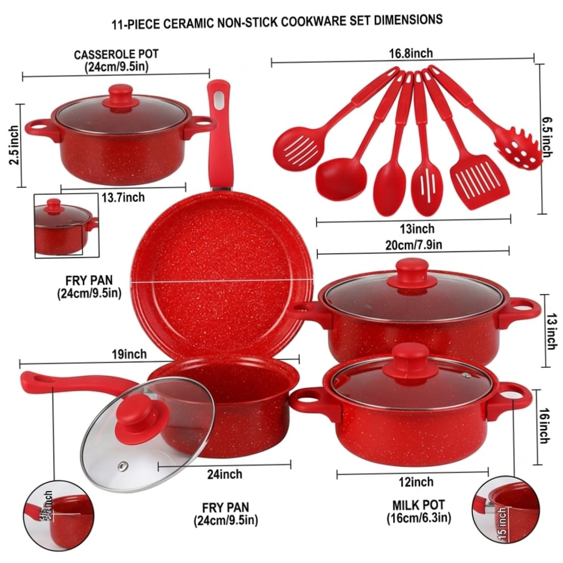 Set Di Pentole Antiaderenti, Set Di Pentole Antiaderenti Da 13 Pezzi, E Padelle Con Padella, Pentola Per Il Latte E Utensili Per La Cucina Casalinga, Rosso..