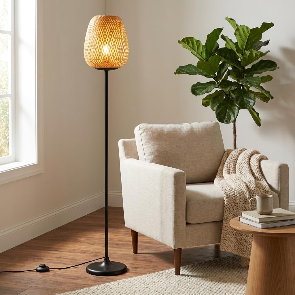 BARCELONA LED NIKKO Stehlampe aus Rattan mit E27 Fassung, Boho Bodenlampe Naturfaser, Handgefertigter Lampenschirm, Schwarzes Metall, Wohnzimmer Schlafzimmer Esszimmer Leselampe