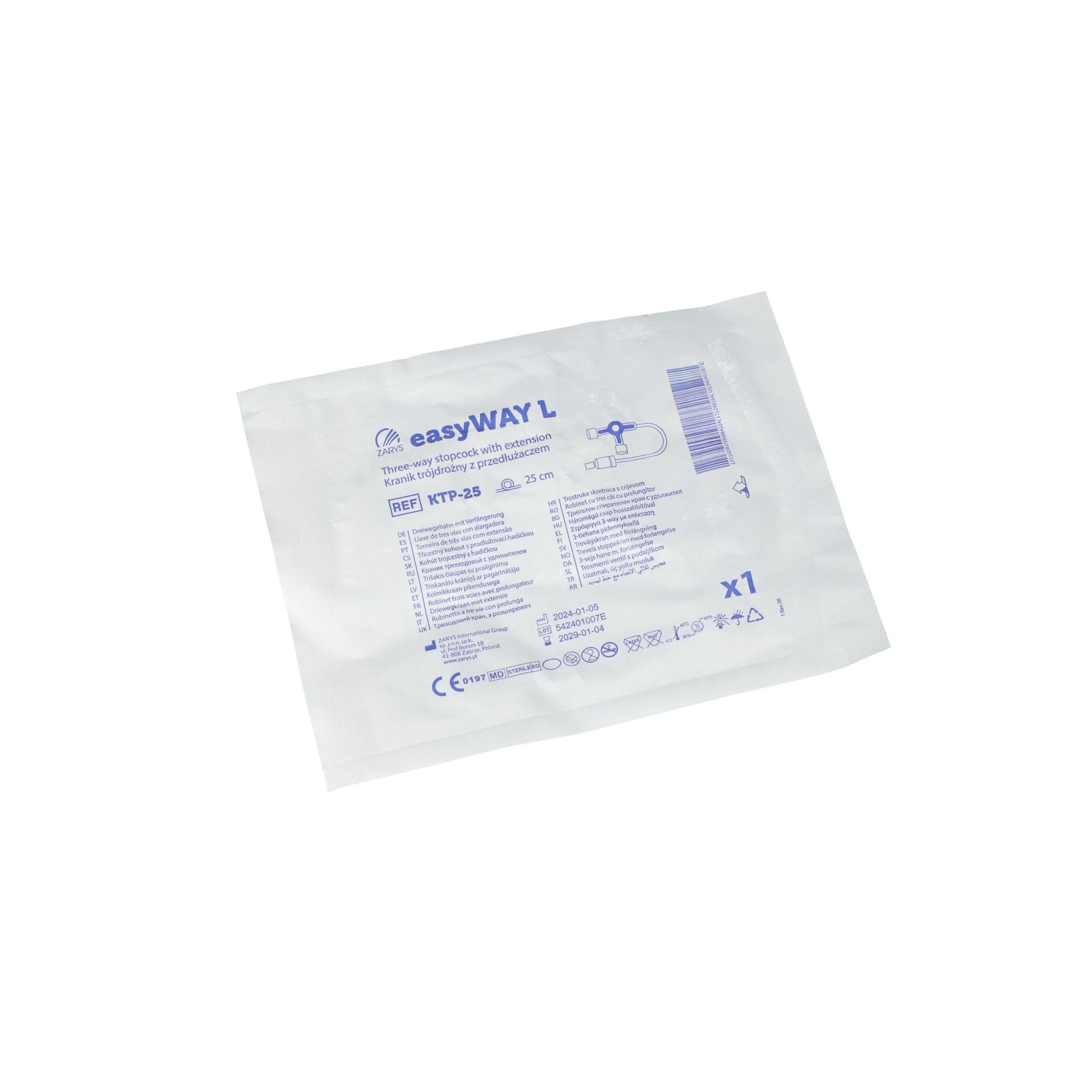 Grifo de 3 vías con línea de extensión – policarbonato y PVC, estéril, uso único 25 cm – Caja de 50 piezas