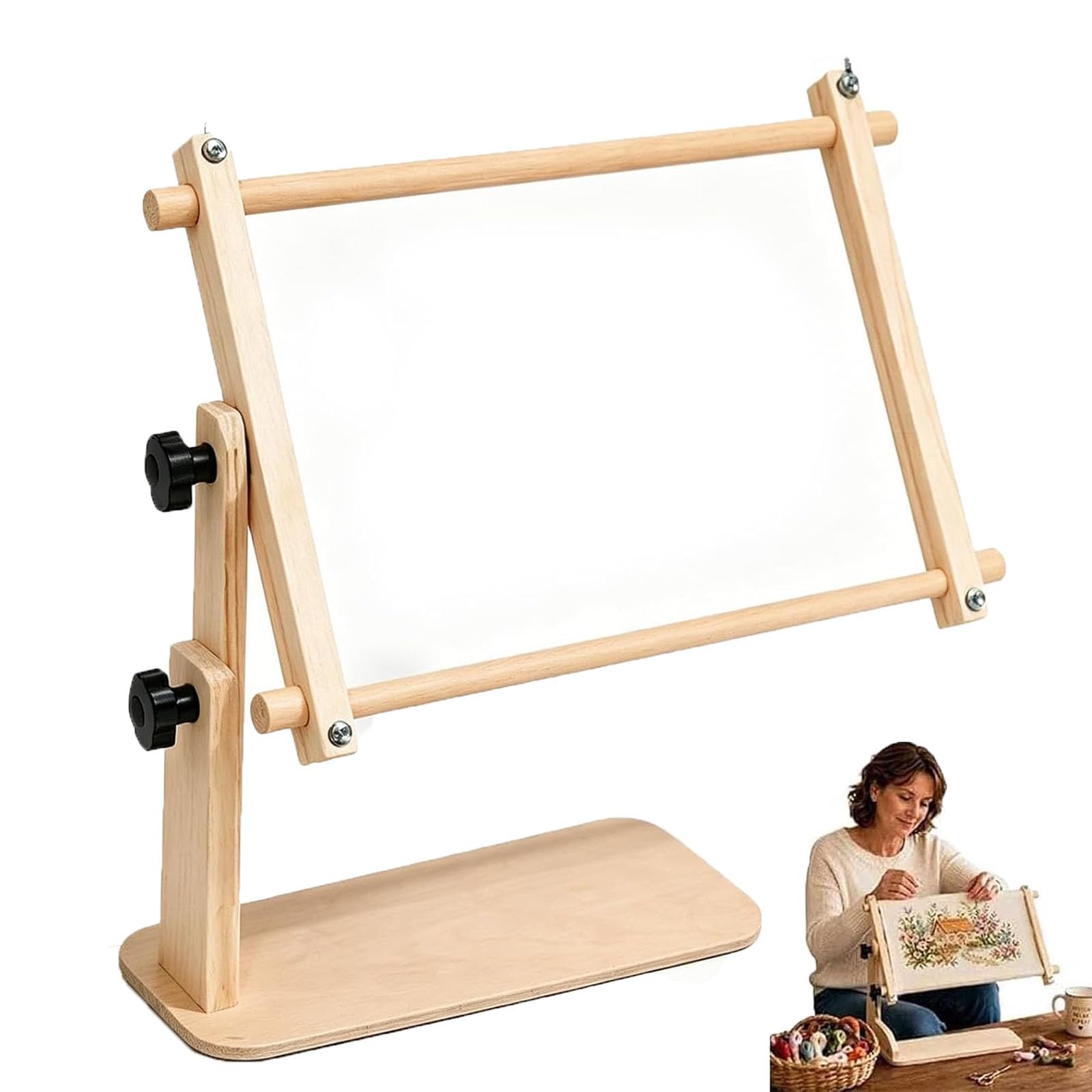Adjustable Tabletop Embroidery Stand, Cross Stitch Frame Holder with 360° Rotating Stable Sitting-Base Design, Hands-Free Wooden Needlepoint Lap Rack for DIY Craft Sewing (S)