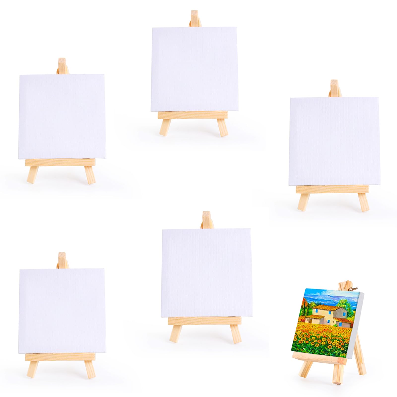 5 Pack Mini Canvas and Easel, 10 x 10 cm Canvas with 15 x 8 cm Easel, Canvas Art Boards Pre, Table Top Wooden Easel