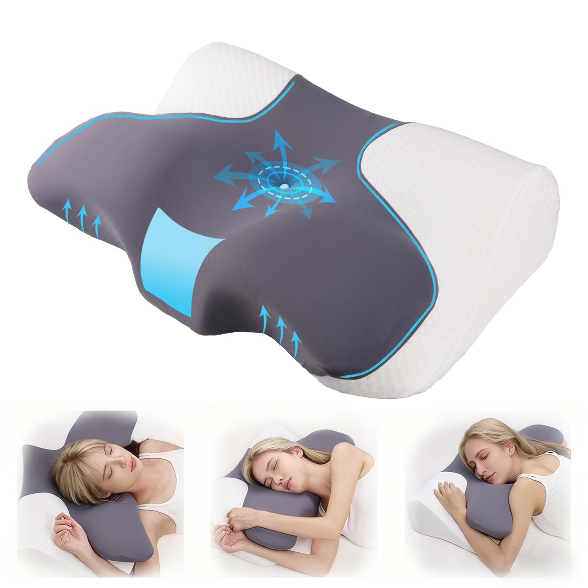 Topmener Memory Foam Pillow Butterfly Ergonomic Pillow, Cervical Neck Pillow Shaped for Pain Relief Contour Orthopedic Support Pillow for Side Back Stomach Sleepers, Cooling Ice Washable Cover