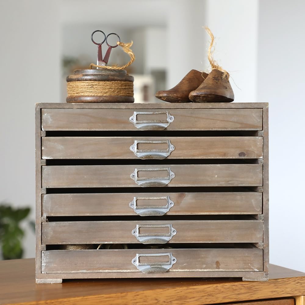 Vintage Wooden Storage Box Desktop Organizer Cabinet with 6 Drawers Rustic Farmhouse Distressed Decor Jewelry Cosmetics Craft Paper Small Tool Library Card Catalog Cabinet for Home Office Desk (Brown) Rustic Brown