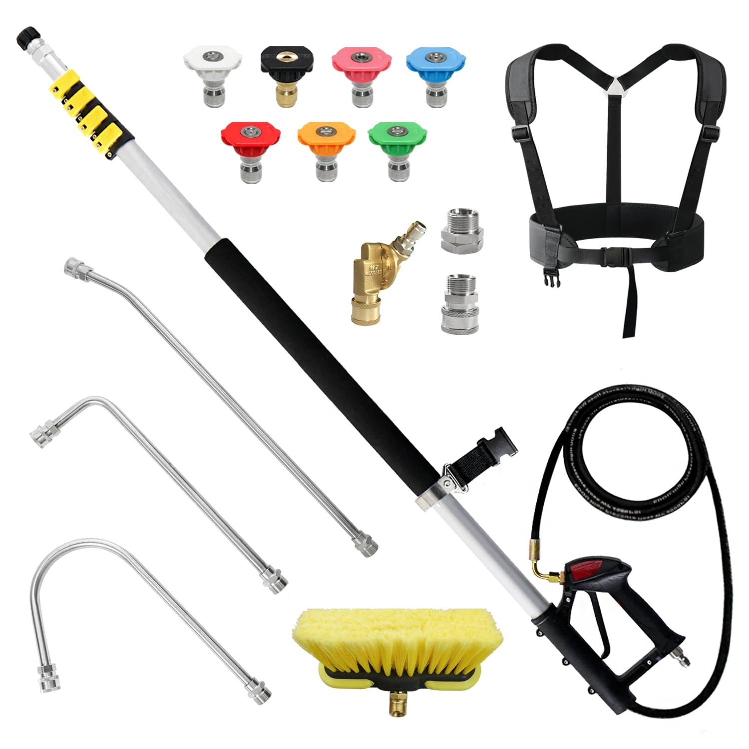 24 FT, Aluminum Telescoping Pressure Washer Wand with 2 Pressure Washer Extension Wands,Gutter Cleaner Attachment, 7 Spray Nozzle Tips, 2 Hose Inlet Adapters, Pivoting Coupler and Support Harness