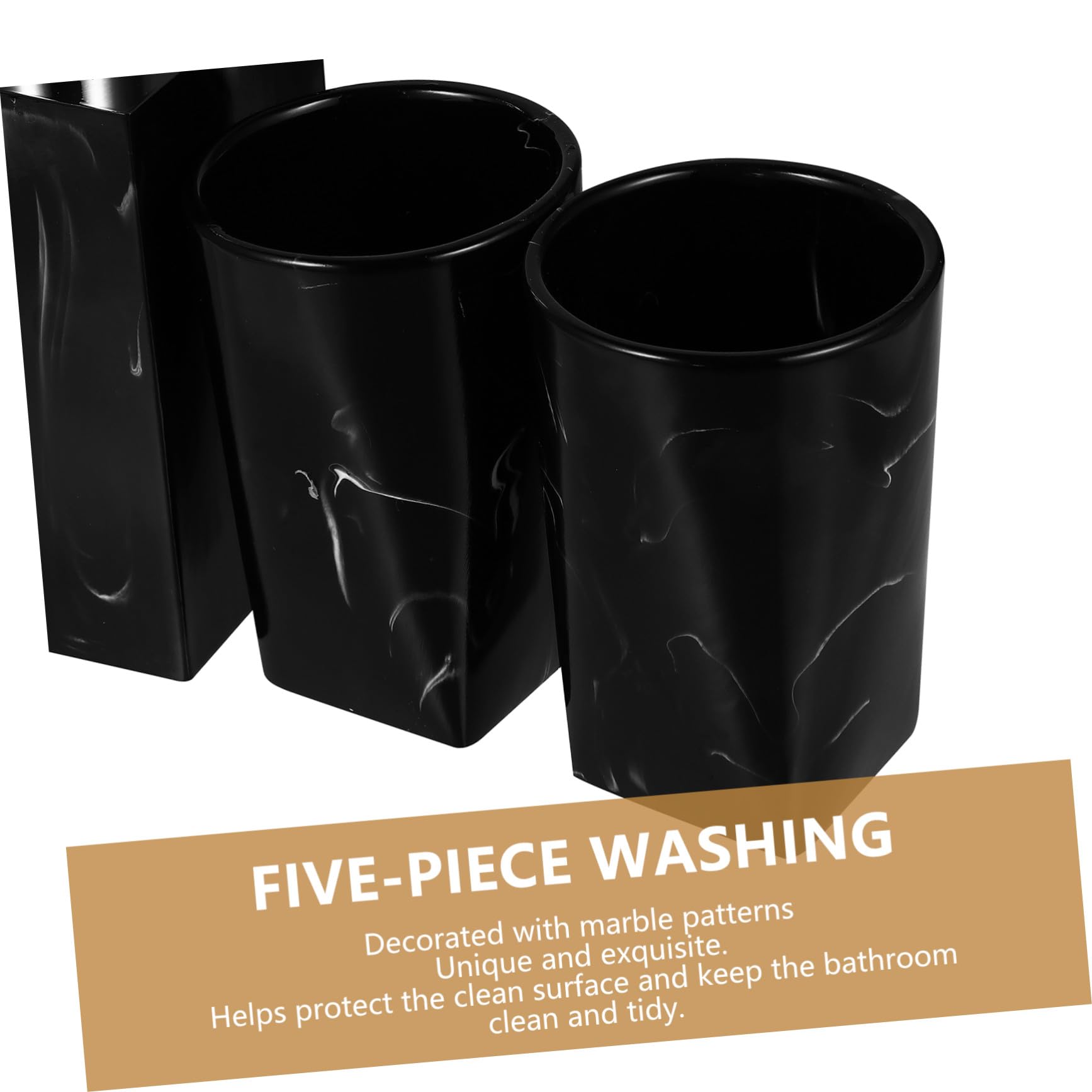 SOIMISS Juego de Accesorios de Baño Resina Negra 5 Piezas Efecto Mármol Fácil de Limpiar, Soporte para Cepillos, 2 Vasos y Jabonera