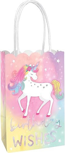 Amscan Bolsas de papel kraft impreso, 8.25 x 5.25 x 3 pulgadas, 8 piezas, perfectas para fiestas, regalos y golosinas, unicornio encantado
