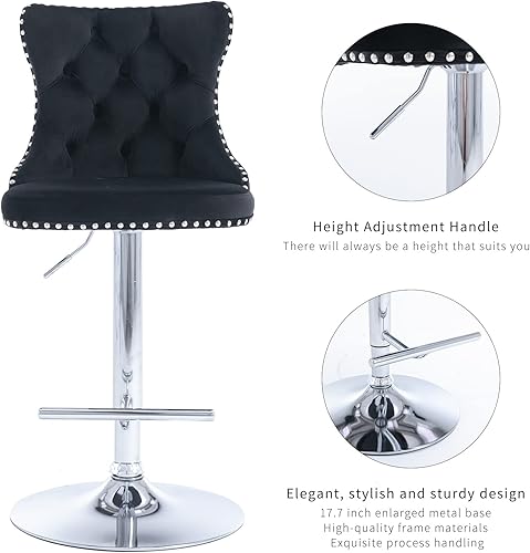 Miniatura 6 de Juego de 2 taburetes de bar giratorios de terciopelo, altura ajustable de 25-33 pulgadas, taburetes de bar con respaldo, sillas de bar para altura