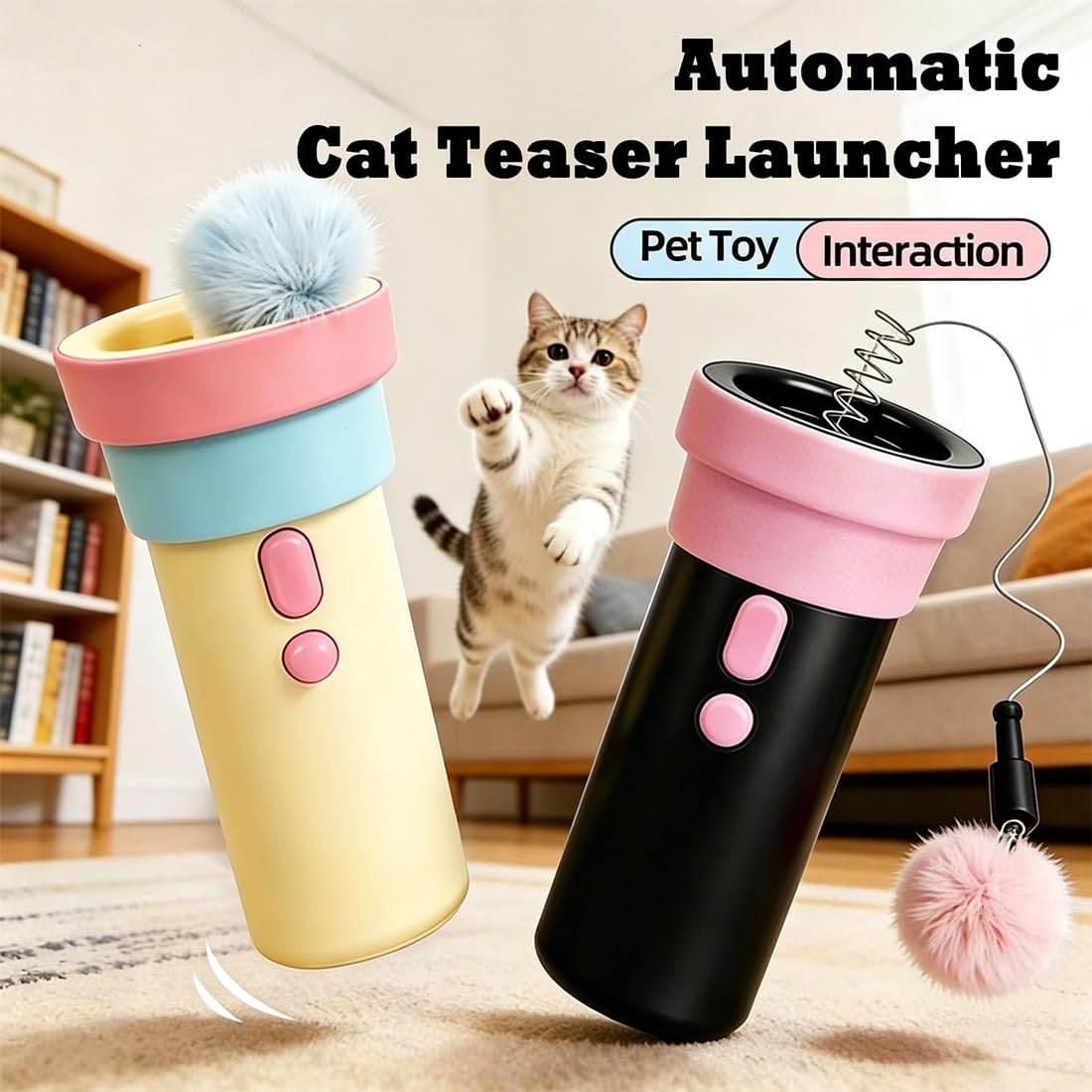 Lanzador automático para gatos, juguetes interactivos de bola mullida para gatos de interior, juguete eléctrico para gatos con cuerda telescópica para gatitos y gatos adultos (rosa + azul, 1)