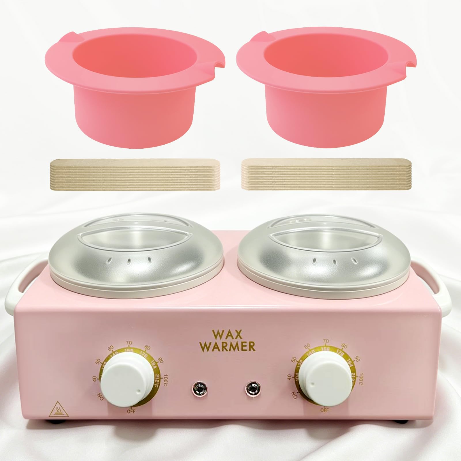 Calentador de cera para depilación, olla de cera doble | Calentador de cera profesional con cuencos de silicona y 20 palos de madera, temperatura ajustable, color rosa