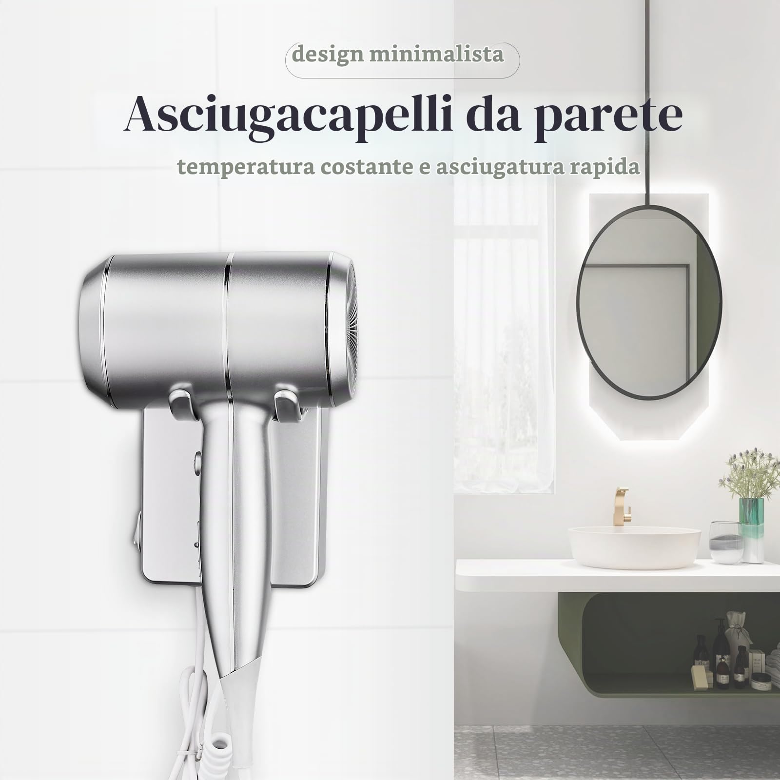 QL Asciugacapelli da Parete con Supporto e Porta USB,Phon per Capelli Muro con Ionico e ThermoProtect 2000watt,per Hotel Casa,Argento