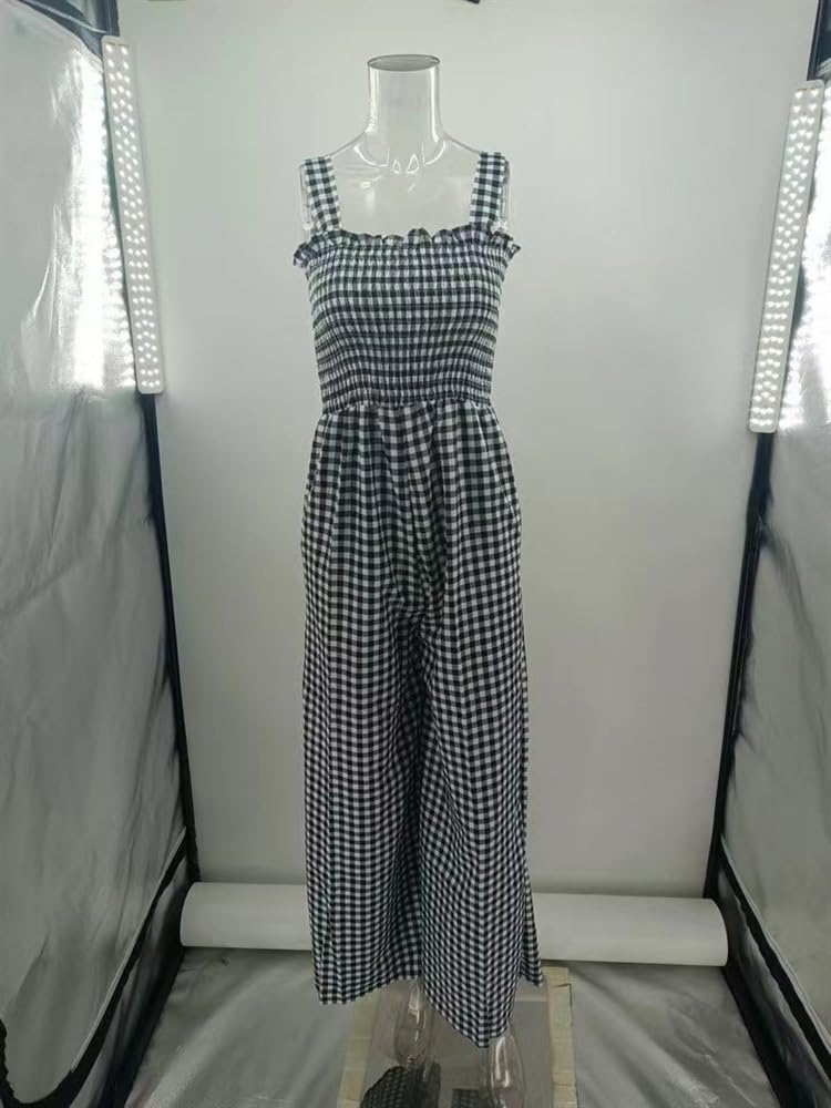 Tuta Da Donna Con Stampa Scozzese Alla Moda Jumpsuits Senza Maniche Con Bretelle Sexy Playsuits Pantaloni Lunghi A Gamba Larga A Vita Media