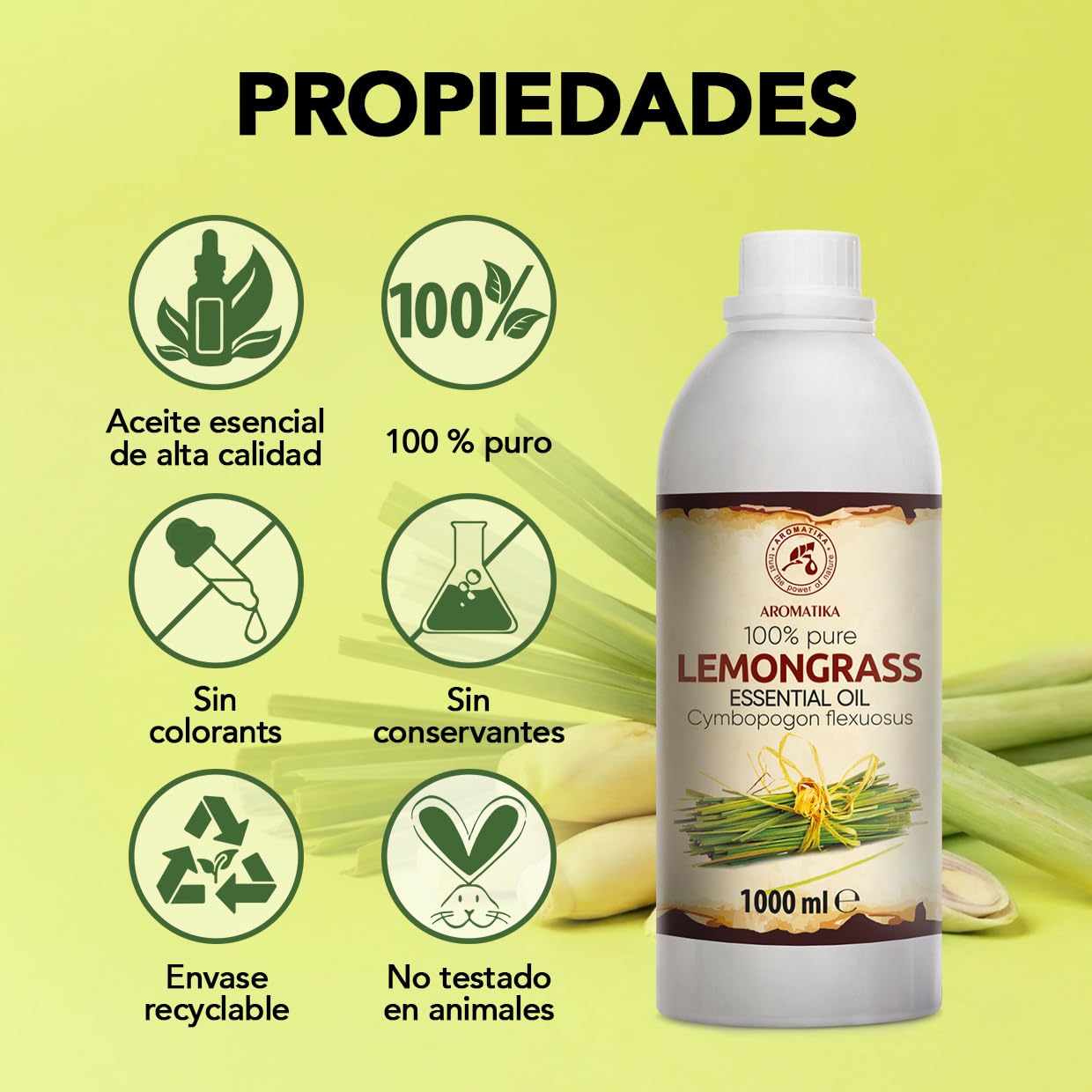 Aceite Esencial de Hierba de Limón 1000 ml - Cymbopogon Flexuosus - Natural y Puro - Aceites Esenciales para Difusores - Fragancias para el Hogar - Jabones y Velas - Aroma fresco - Aromaterapia