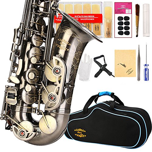 GLORY Engraved Flower Design High Grade Antique Finish Series PR4, E Flat Alto Saxophone with 11reeds,8 Pads Cushions,case,carekit