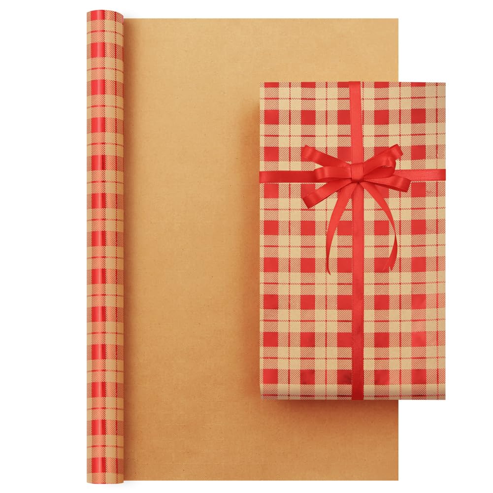 Boerni Vintage Plaid Foil Wrapping Paper Roll -17 Inch x 10 Feet- Metallic Christmas Kraft Paper Brown and Red Tartan Design Gift Wrap Suitable for Chrsitmas, Holiday, Party,Celebration