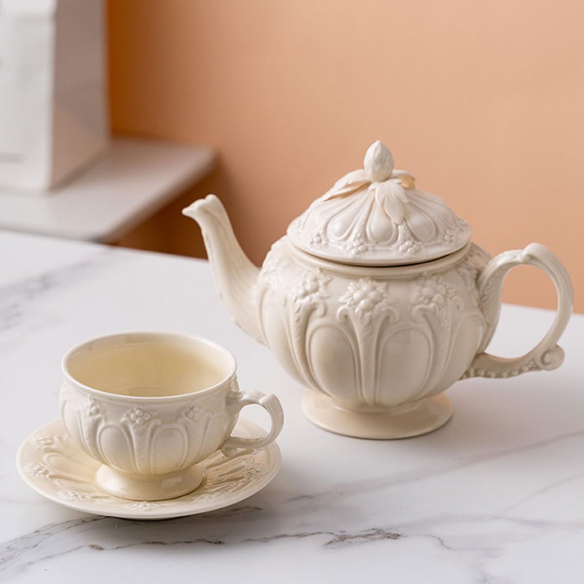 Cafetera y Mango Cómodo Gran Capacidad Cerámica Beige de Estilo Británico Adecuado para Preparar Café y Leche en Cocina Retro