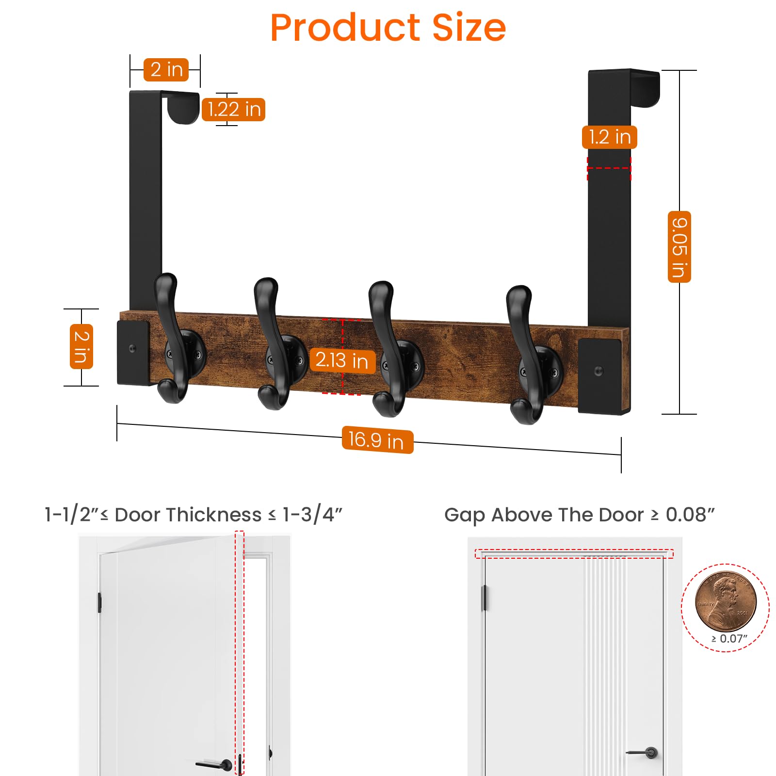 Homode Ganchos resistentes para colgar sobre la puerta, gancho de madera para colgar toallas, ropa, sombreros, bolsos, parte trasera de la puerta del baño, marrón rústico y negro