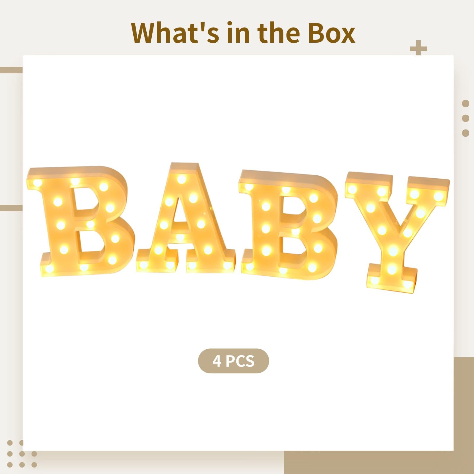Letrero iluminado, letras LED amarillas, perfectas para baby showers, anuncios, decoración de fiestas, incluye A, B, B, Y, 22,5 cm, 4 piezas