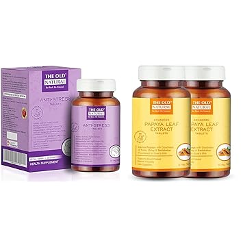 Anti Stress Tablets - Ashwagandha Ksm 66 Extract, L-Theanine, Brahmi, Chamomile Co | The Old Natural Papaya Leaf Extract Tablets 60 Tablets I papaya leaf extract for platelets | plate