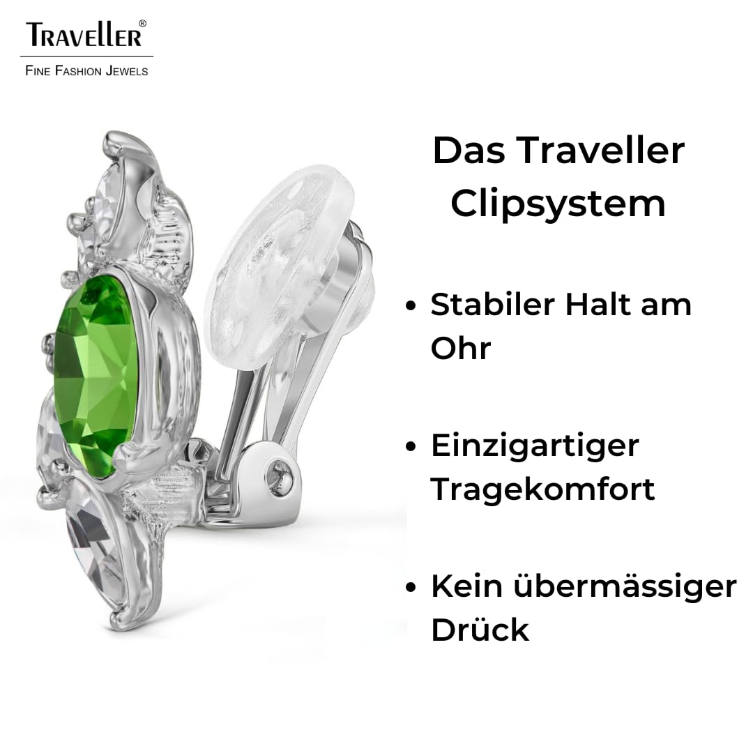 Traveller Ohrclip - Damen - Silberfarben - Kristalle - Grün/Peridot - Platiniert - Halbe Blume - 20 x 12 mm - 157779
