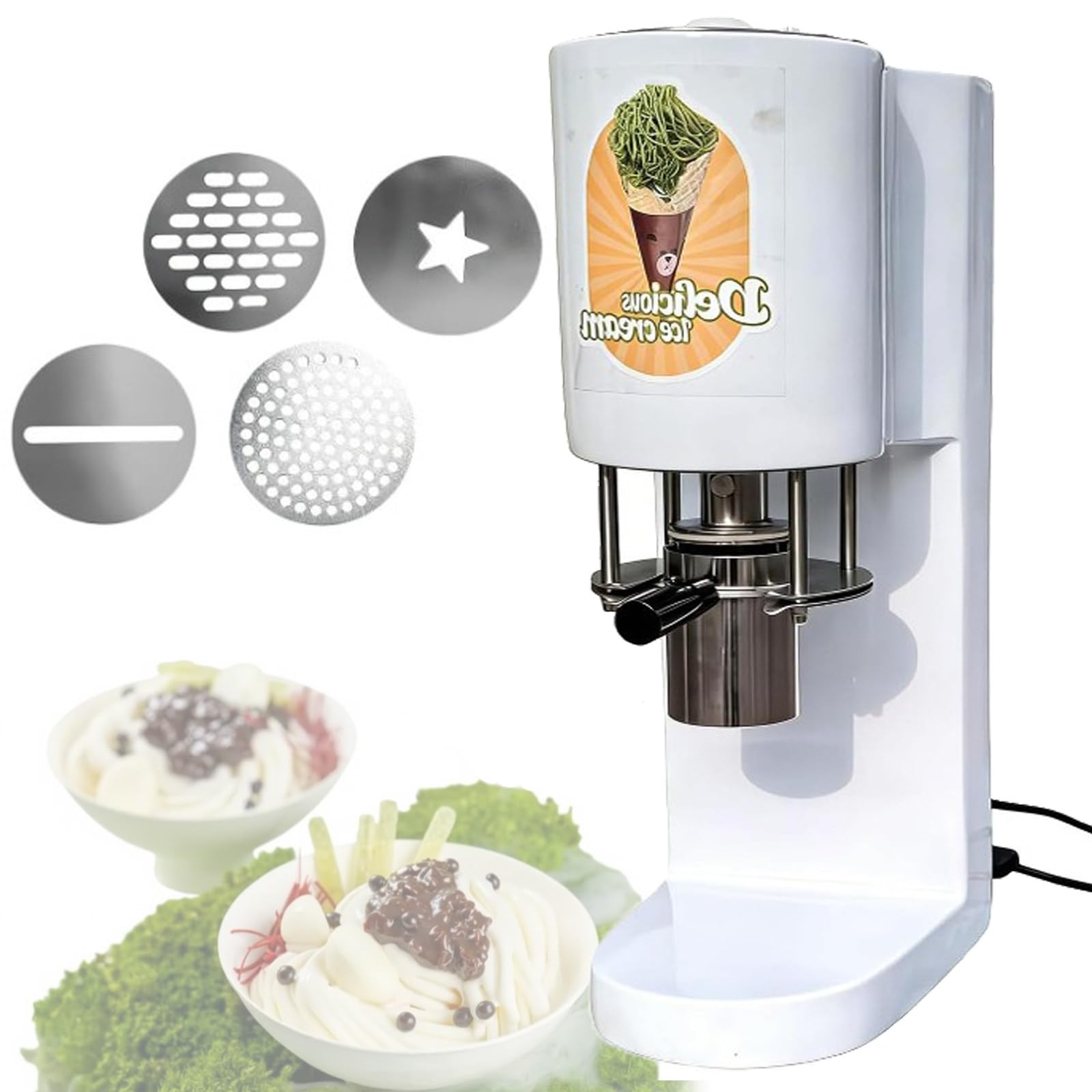 DOZPAL Electric Spaghetti Ice Cream Machine – 80W Spaghetti Ice Cream Press with 4 Molds, Stainless Steel Ice Cream Noodle Extruder for Restaurants, Bars and Dessert Shops White