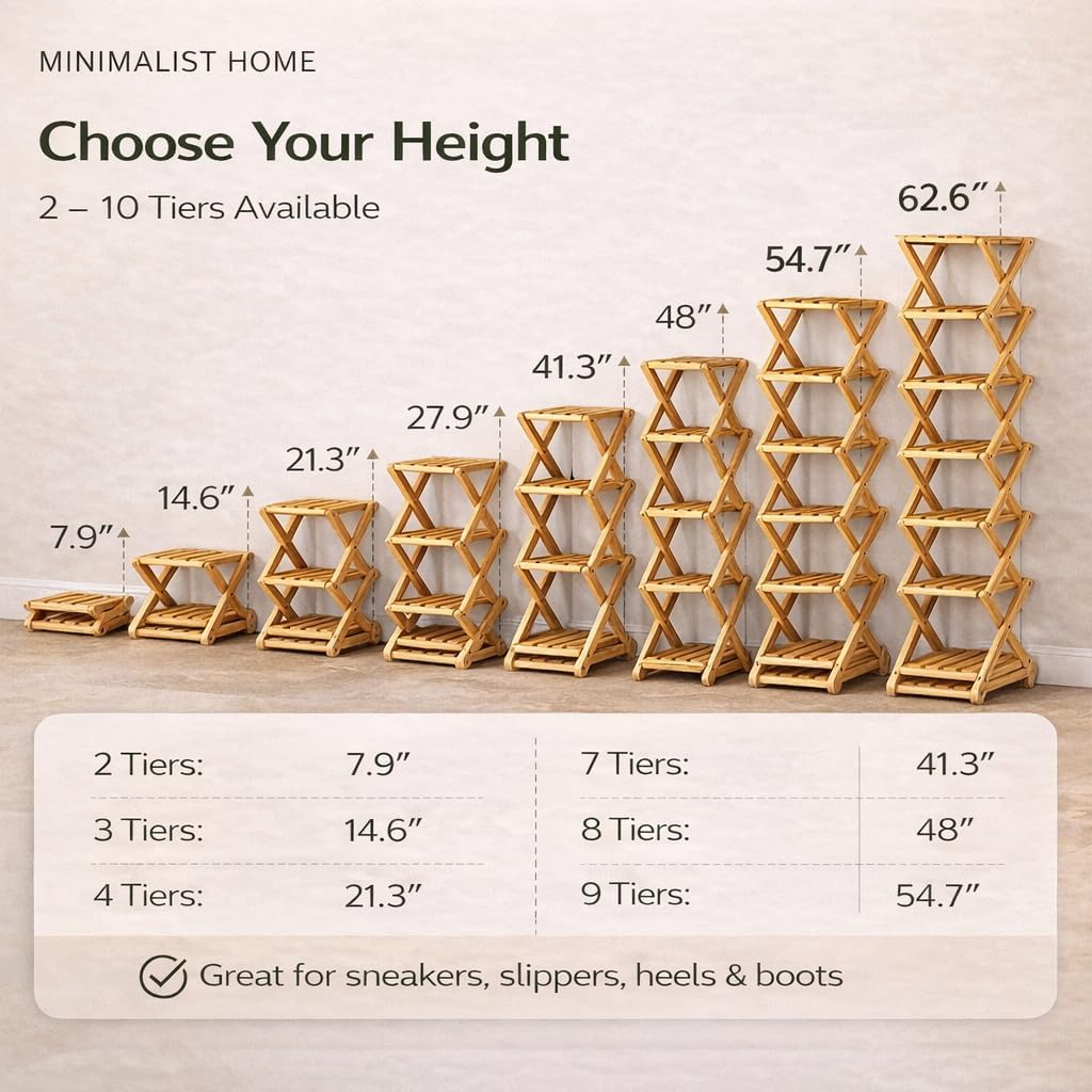 [Foldable] The 9-Tier No-Assembly Bamboo Rack, Vertical Narrow Shoe Rack,Free Standing Shoe Storage for Small Potted Plants Books Accessories Bedroom Entryway Closet Small Spaces (Yellow, 9 Tier)