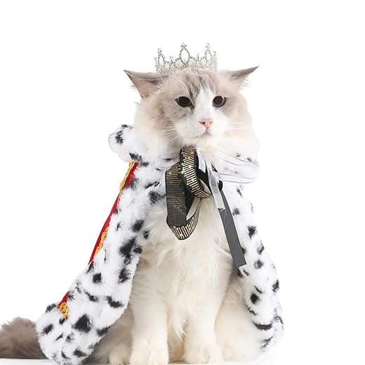 Lovelyshop Pet Serial Majestic Dog/Cat Costume Collection with Lux Velvet Cloak and Silver Pearl Crown Set for Halloween,King Queen Prince and Princess Cosplay-S