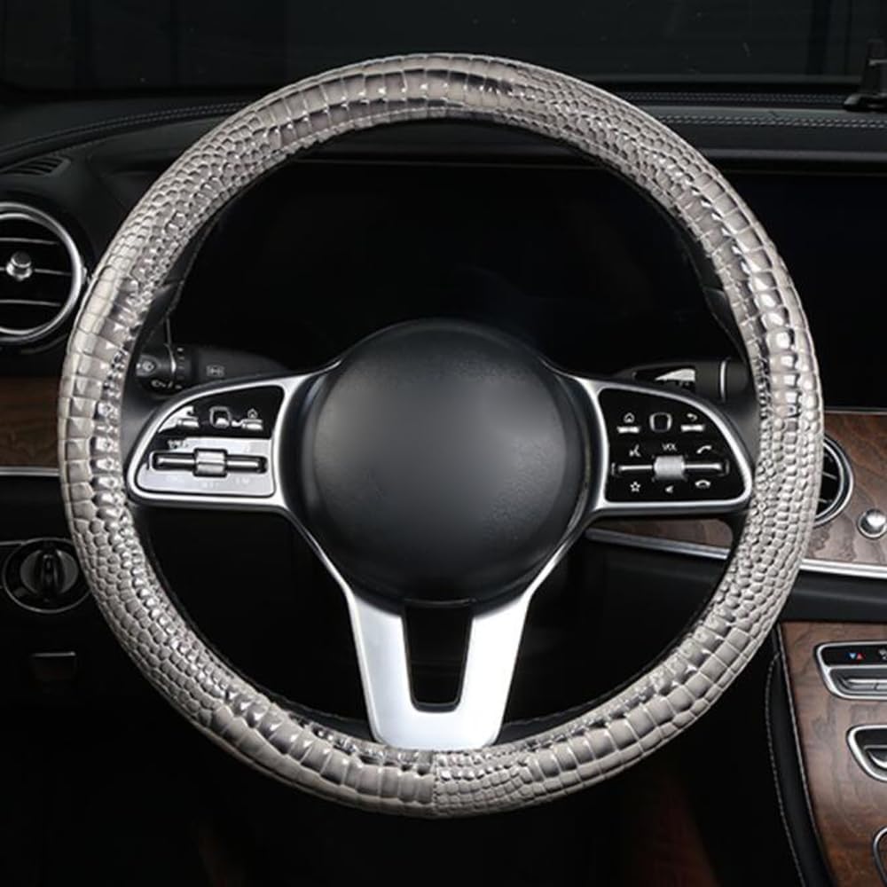 GZE PU Leather Steering Wheel Cover Crocodile Pattern Durable Anti-Slip Four Seasons Universal 15 Inch Steering Wheel Protector (Gray)