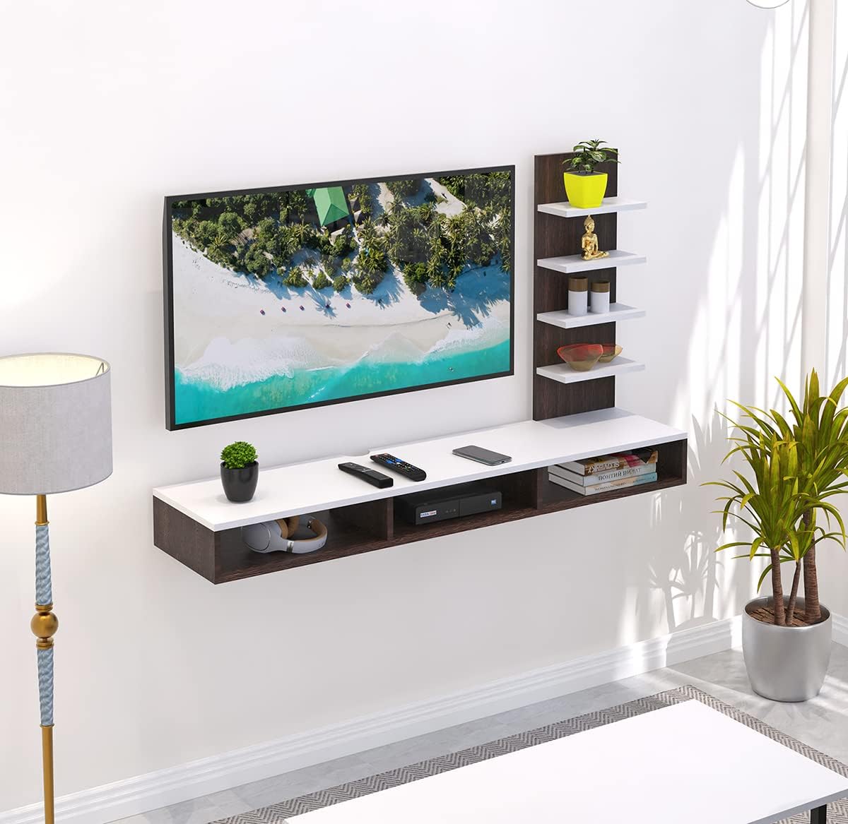 Primax Standard Engineering Wood Wall Mount TV Entertainment Unit Set Top Box Stand/TV Cabinet Panel with Shelves for Books & Décor Display Unit, Ideal for 42" (Wenge& White)