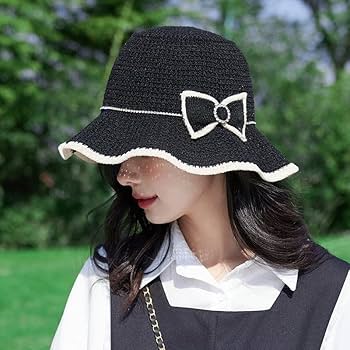 Amazon.co.jp: 麦わら帽子 帽子 ブラック 黒 リボン 上品 韓国風
