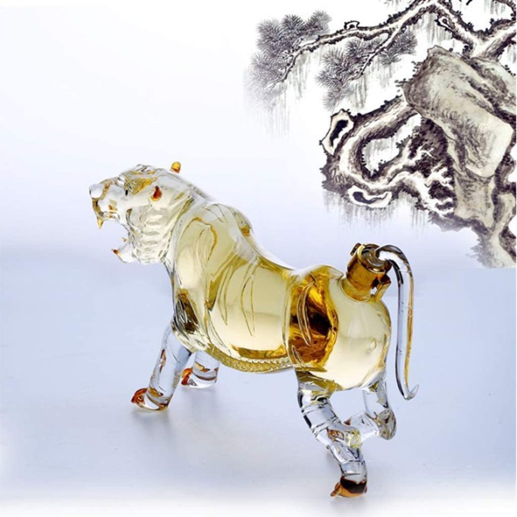 Chiński Zodiak Karafka do Whisky w kształcie Tygrysa, 500/1000 ml Butelka Szklana Musująca, Przezroczysta Butelka Domowa w kształcie Króla Tygrysa do Alkoholu, Scotch, Bourbon, Wódki