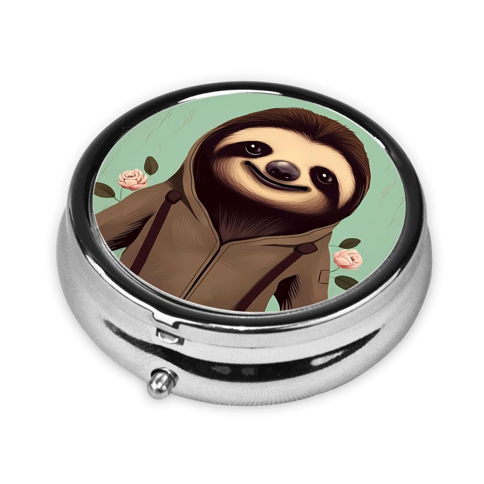Cute 3-Compartments Round Pill Box Cartoon Sloth Small Pill Case Portable Medicine Dispenser,for Pocket Purse