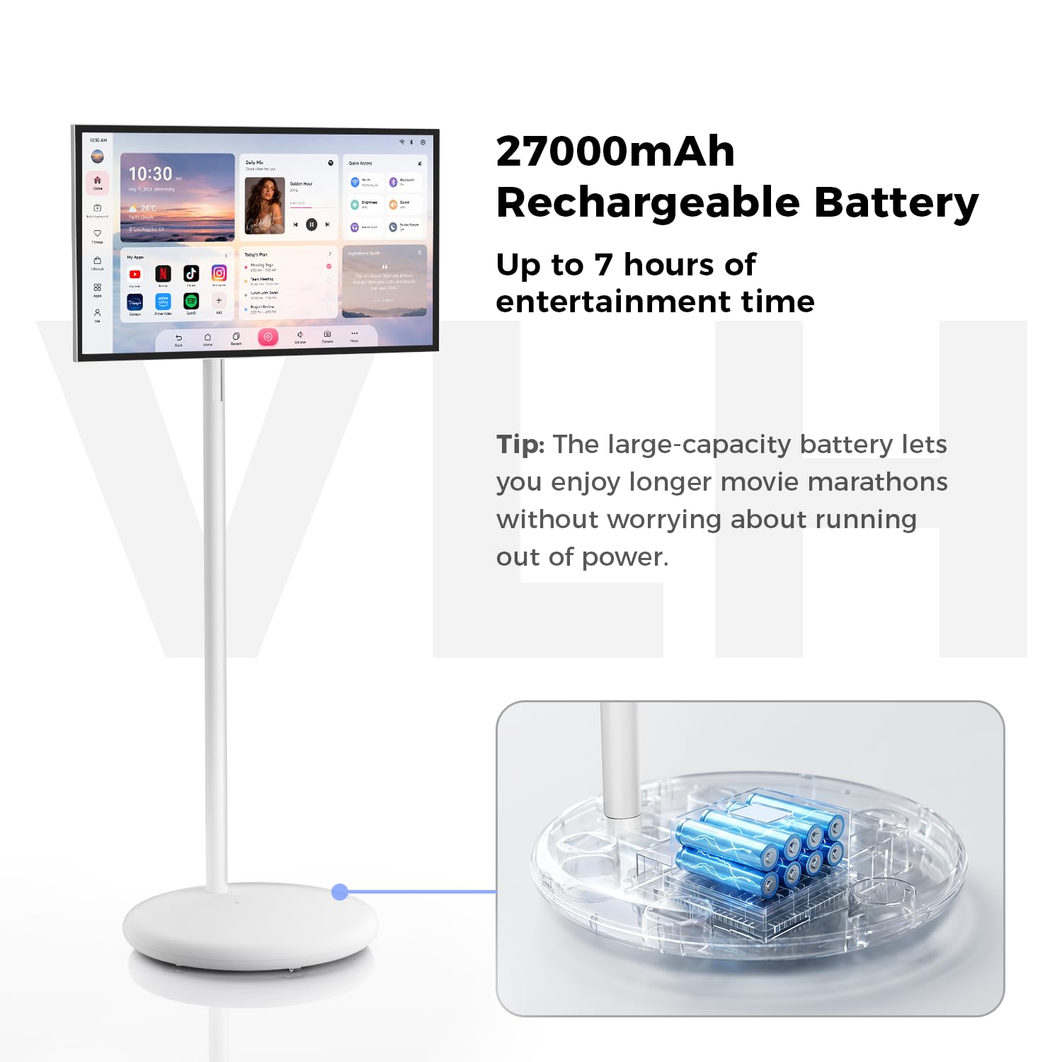 VLH 27″ FHD Touch Screen Rolling TV, Smart TV portatile su ruote, 6G+128GB, Batteria 27000mAh, Sistema operativo Android 15, Certificato EDLA, Tablet TV wireless con telecomando vocale, Fotocamera